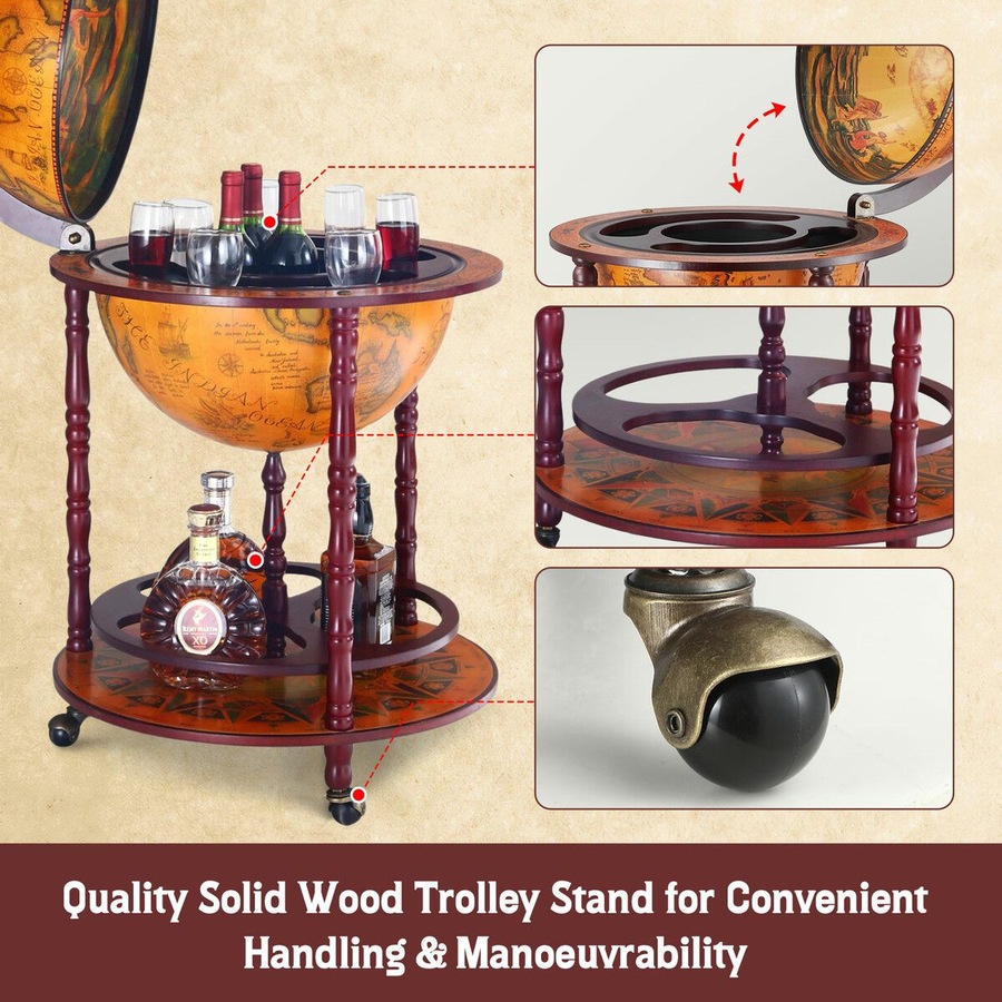 Antique Globe Alcohol Cabinet Bar Cart Drinks Wine Serving Trolley Bottle Organiser Mini Round Mobile Stand 55x55x95cm