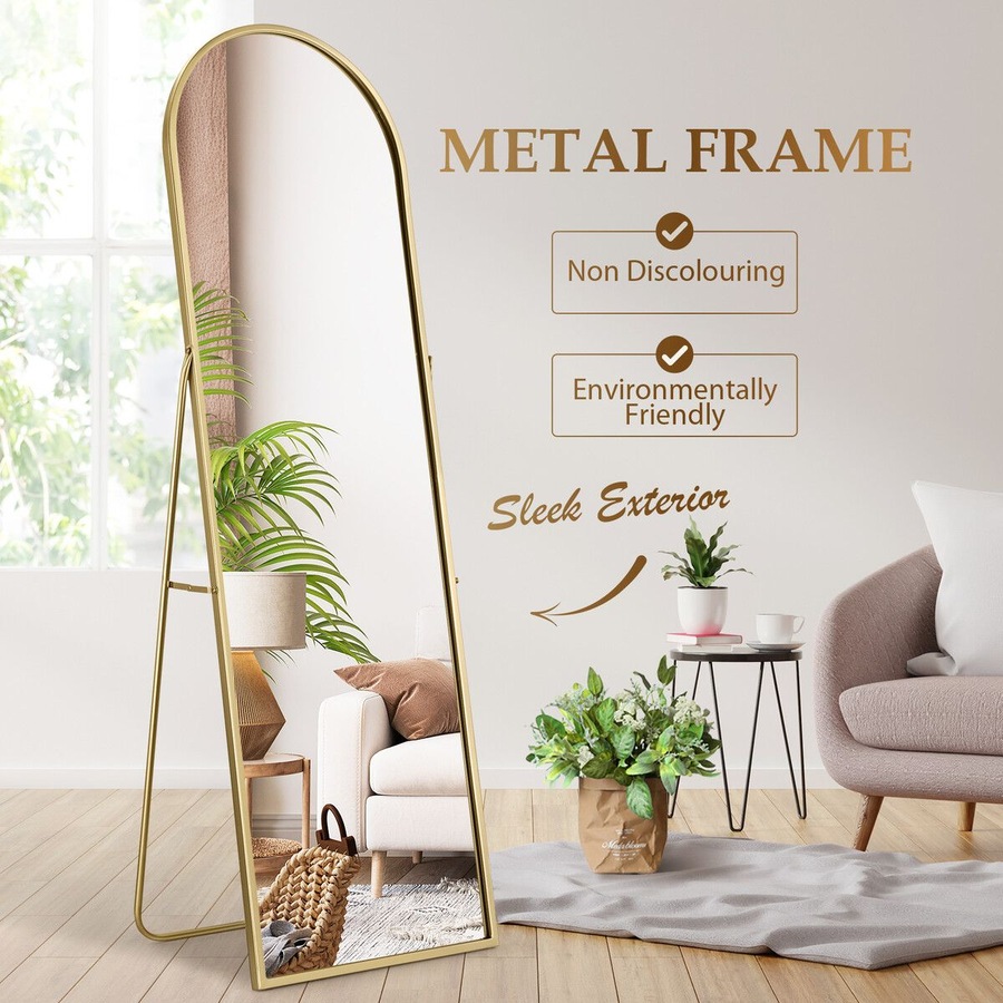 Arch Full Length Mirror Whole Body Standing Floor Leaning Makeup Vanity Dressing Bedroom Hallway HD Glass Gold Metal Stand 50x2x160cm