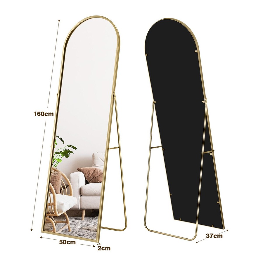 Arch Full Length Mirror Whole Body Standing Floor Leaning Makeup Vanity Dressing Bedroom Hallway HD Glass Gold Metal Stand 50x2x160cm