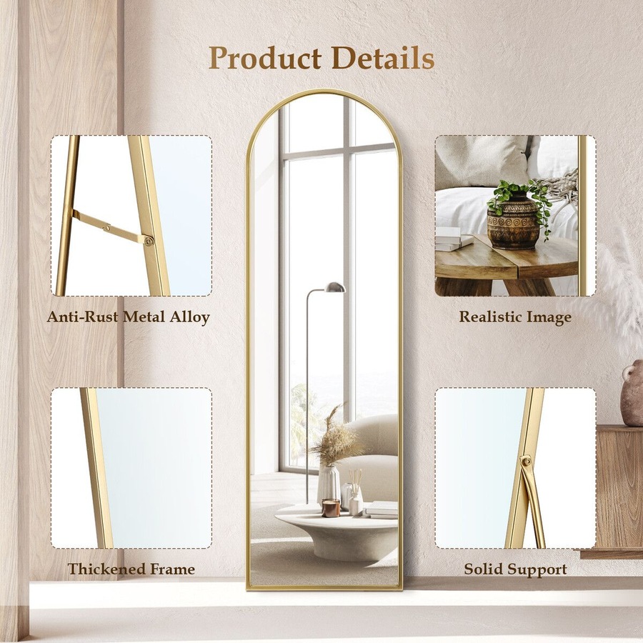 Arch Full Length Mirror Whole Body Standing Floor Leaning Makeup Vanity Dressing Bedroom Hallway HD Glass Gold Metal Stand 50x2x160cm