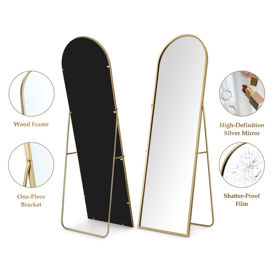 Arch Full Length Mirror Whole Body Standing Floor Leaning Makeup Vanity Dressing Bedroom Hallway HD Glass Gold Metal Stand 50x2x160cm