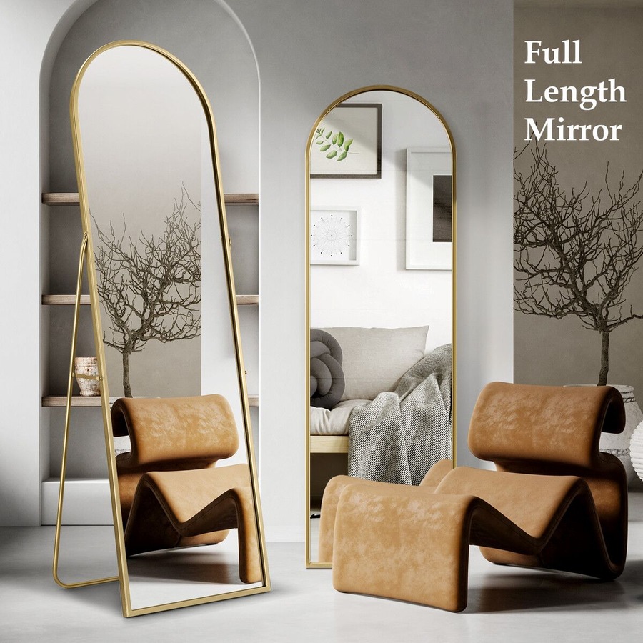 Arch Full Length Mirror Whole Body Standing Floor Leaning Makeup Vanity Dressing Bedroom Hallway HD Glass Gold Metal Stand 50x2x160cm
