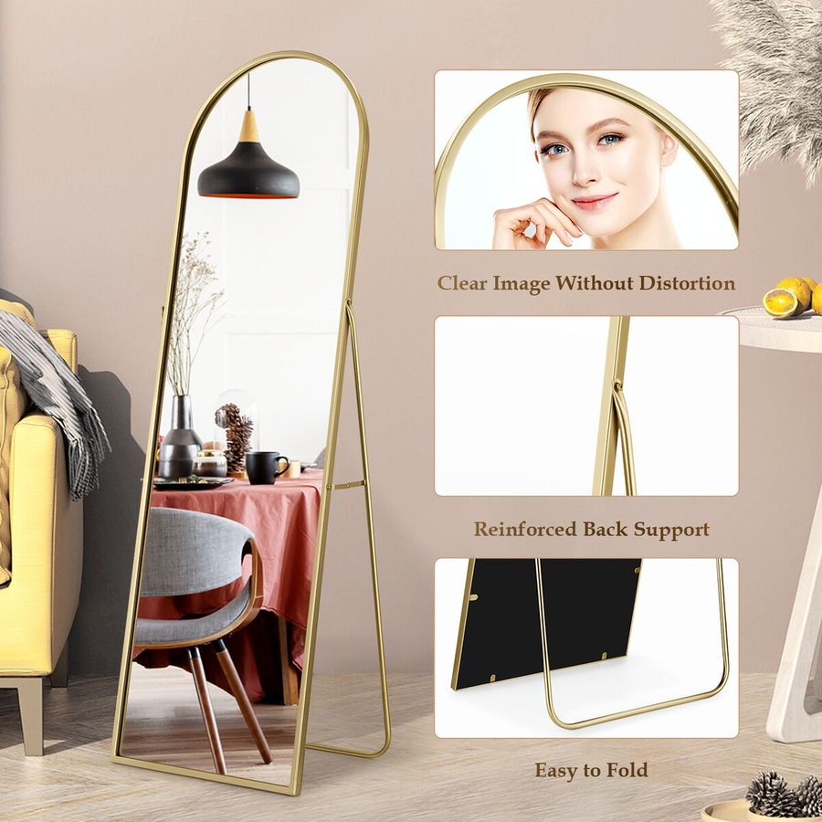 Arch Full Length Mirror Whole Body Standing Floor Leaning Makeup Vanity Dressing Bedroom Hallway HD Glass Gold Metal Stand 50x2x160cm