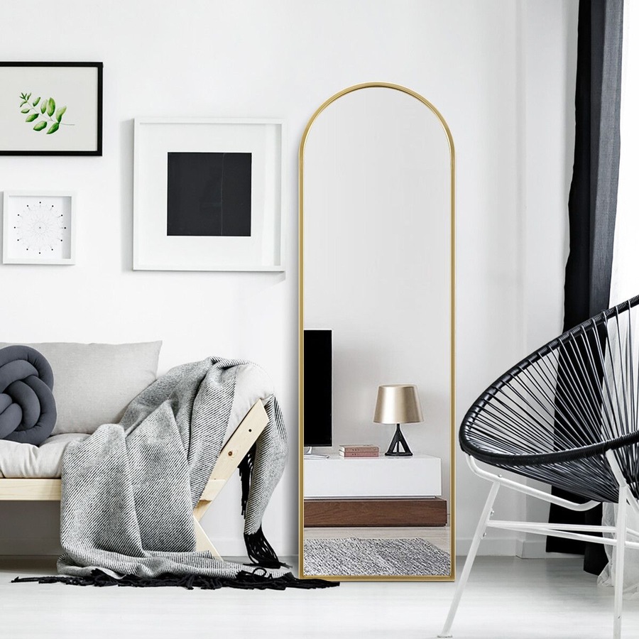 Arch Full Length Mirror Whole Body Standing Floor Leaning Makeup Vanity Dressing Bedroom Hallway HD Glass Gold Metal Stand 50x2x160cm