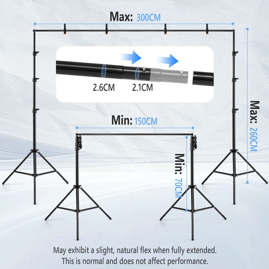 Backdrop Stand Photo Studio Background Support Frame Kit 2.6x3m Adjustable Tripod Screen Clamps Carry Bag for Party Event Birthday Wedding Photography