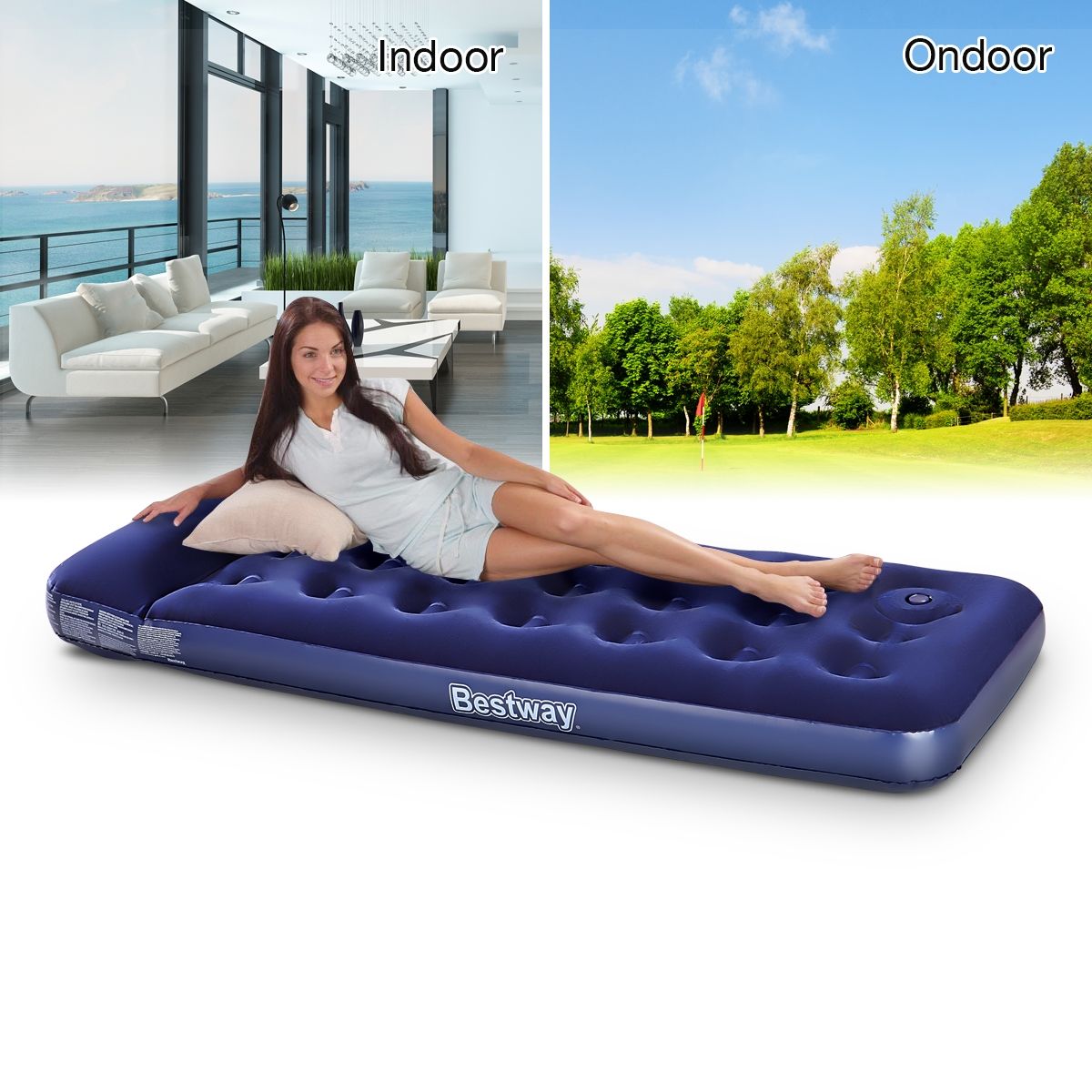 Single air bed with foot clearance pump