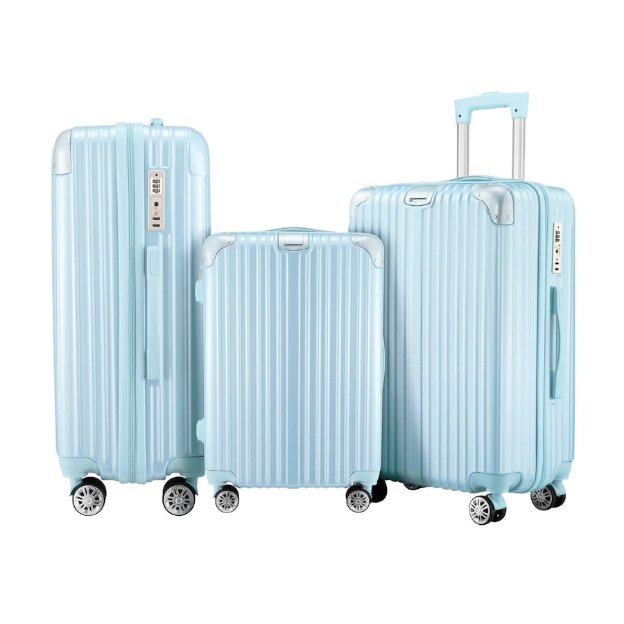 Carry On Luggage Set 3 Piece Traveller Suitcases Hard Shell Case Cabin Checked Bag Lightweight Trolley TSA Lock Cover 6 Packing Cubes Pale Blue