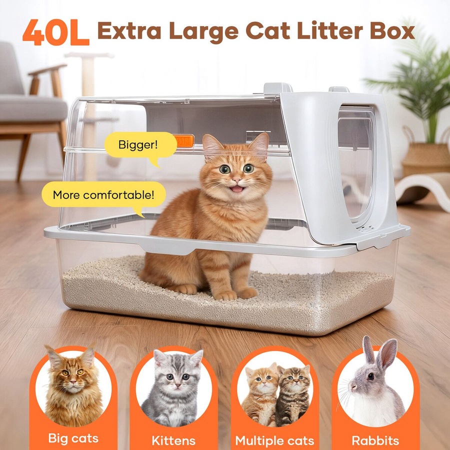 Cat Litter Box Large Hooded Enclosed Toilet Kitten Pet Furniture Kitty Potty Training Scoop Covered High Sided Stainless Steel Pan Modular Tray 40L XL