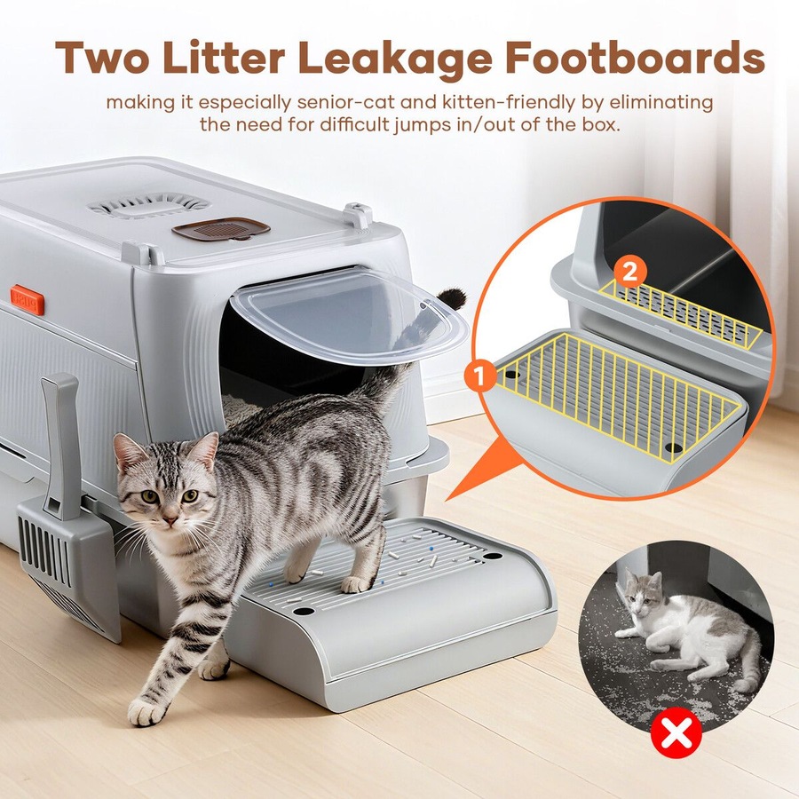 Cat Litter Box Large Hooded Enclosed Toilet Kitten Pet Furniture Kitty Potty Training Scoop Covered High Sided Stainless Steel Pan Modular Tray 40L XL