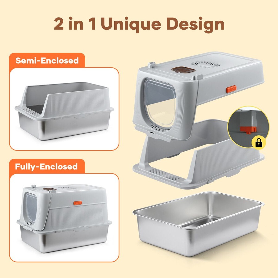 Cat Litter Box Large Hooded Enclosed Toilet Kitten Pet Furniture Kitty Potty Training Scoop Covered High Sided Stainless Steel Pan Modular Tray 40L XL