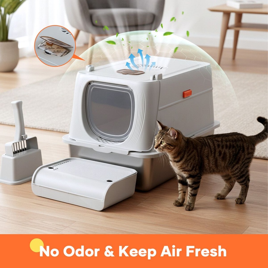 Cat Litter Box Large Hooded Enclosed Toilet Kitten Pet Furniture Kitty Potty Training Scoop Covered High Sided Stainless Steel Pan Modular Tray 40L XL