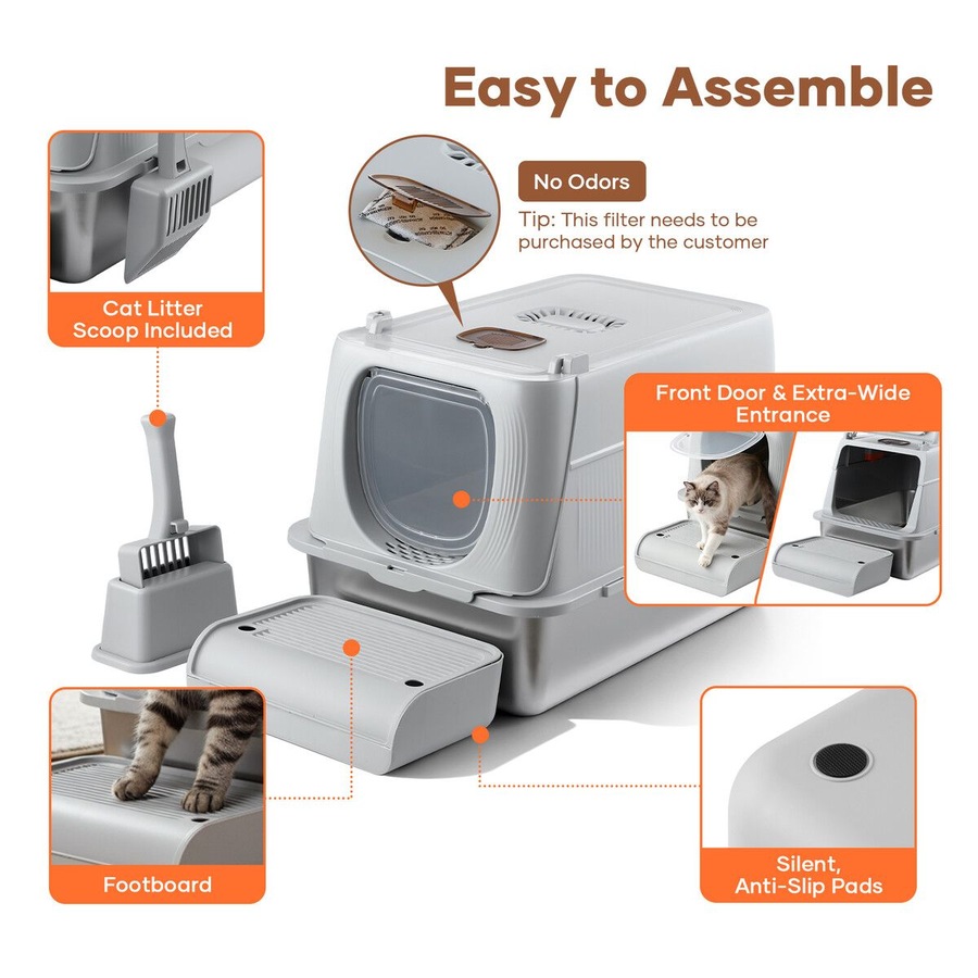 Cat Litter Box Large Hooded Enclosed Toilet Kitten Pet Furniture Kitty Potty Training Scoop Covered High Sided Stainless Steel Pan Modular Tray 40L XL