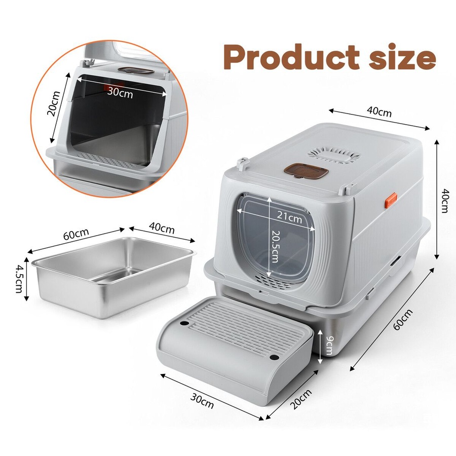 Cat Litter Box Large Hooded Enclosed Toilet Kitten Pet Furniture Kitty Potty Training Scoop Covered High Sided Stainless Steel Pan Modular Tray 40L XL