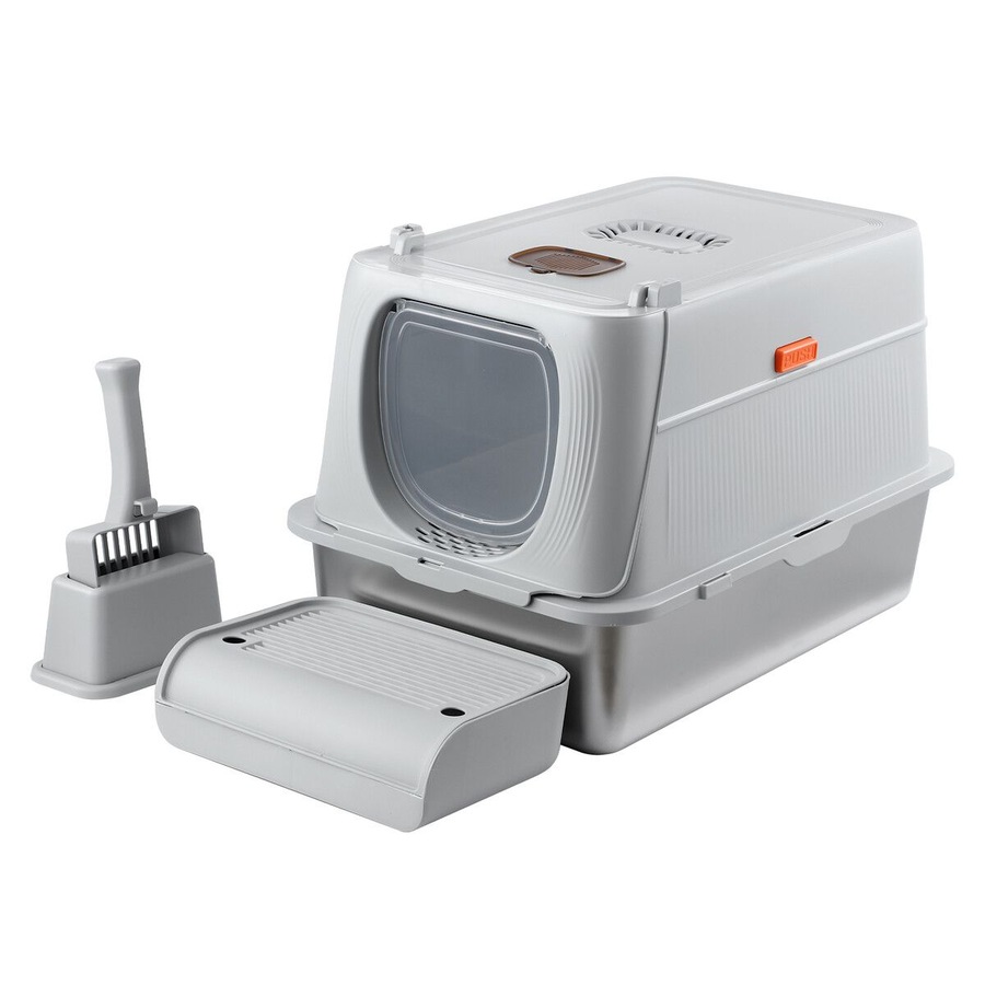 Cat Litter Box Large Hooded Enclosed Toilet Kitten Pet Furniture Kitty Potty Training Scoop Covered High Sided Stainless Steel Pan Modular Tray 40L XL