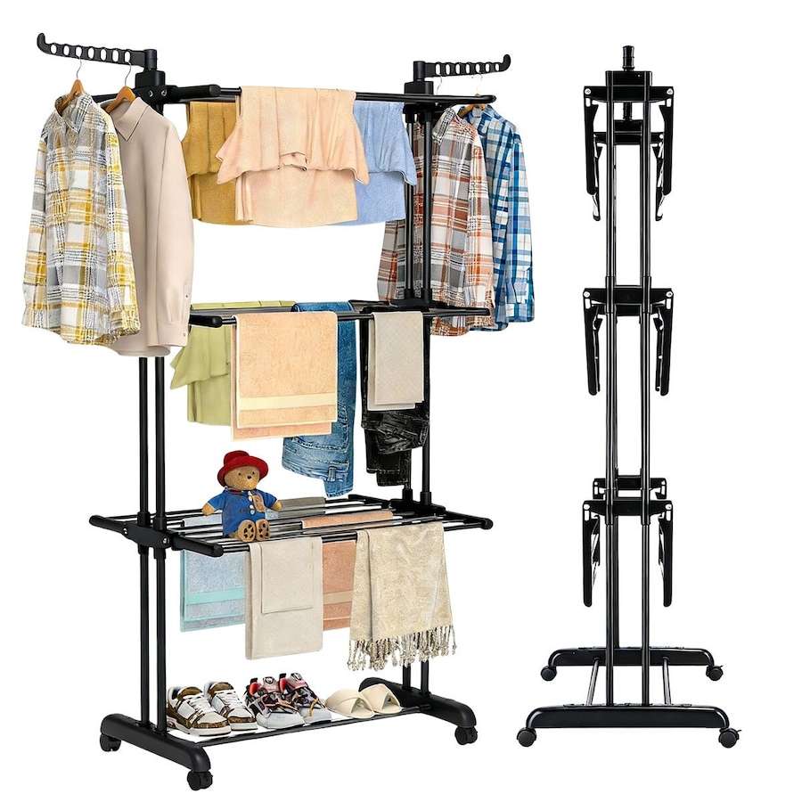 Clothes Drying Rack with Wheels Foldable Garment Laundry Horse Airer Hanger Rails Indoor 4 Tiers Support Stainless Steel Rolling Freestanding Black