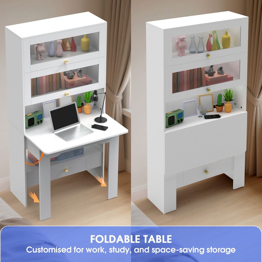 Computer Desk Bookshelf Office Study Work Folding Table Glass Shelving Bookcase Shelves Multifunctional Wooden Storage Organiser Furniture 80x31x160cm