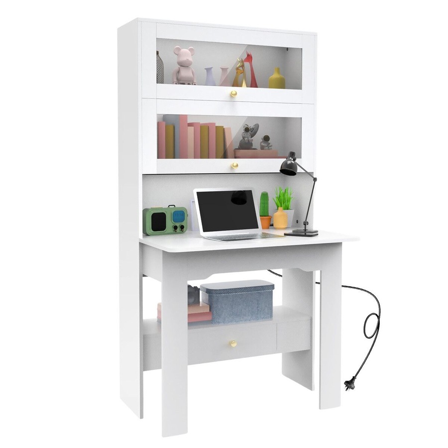 Computer Desk Bookshelf Office Study Work Folding Table Glass Shelving Bookcase Shelves Multifunctional Wooden Storage Organiser Furniture 80x31x160cm