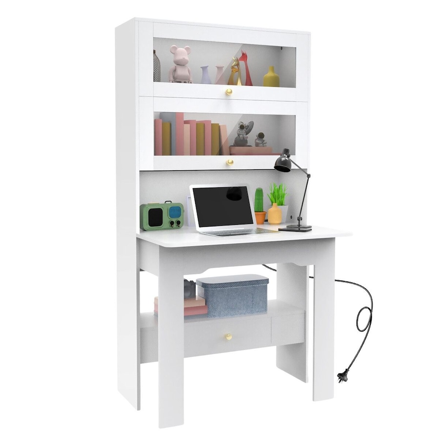 Computer Desk Bookshelf Office Study Work Folding Table Glass Shelving Bookcase Shelves Multifunctional Wooden Storage Organiser Furniture 80x31x160cm