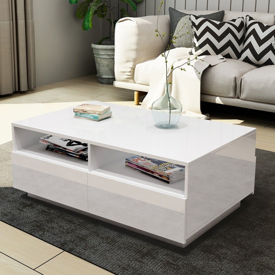 Contemporary High Gloss Coffee Table with 4 Drawers White