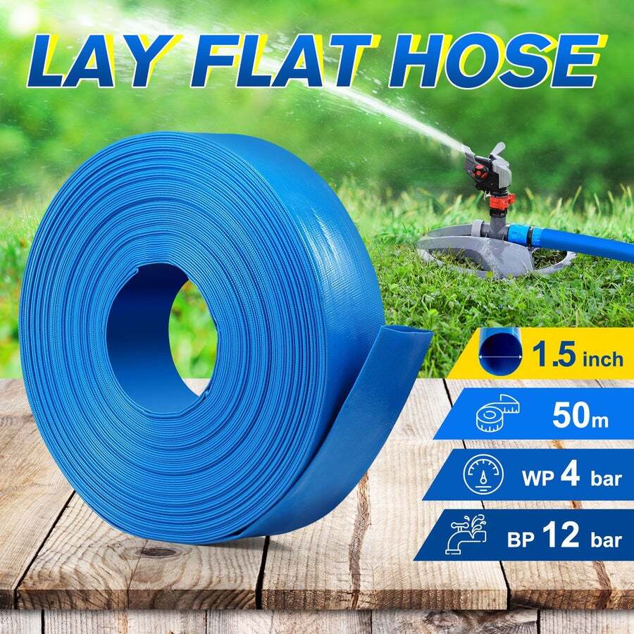 Buy 1.5inch Lay Flat Hose PVC Water Discharge Drain Transfer Backwash Pipe  Irrigation Pump Outlet Weatherproof Burstproof 50m Blue - MyDeal