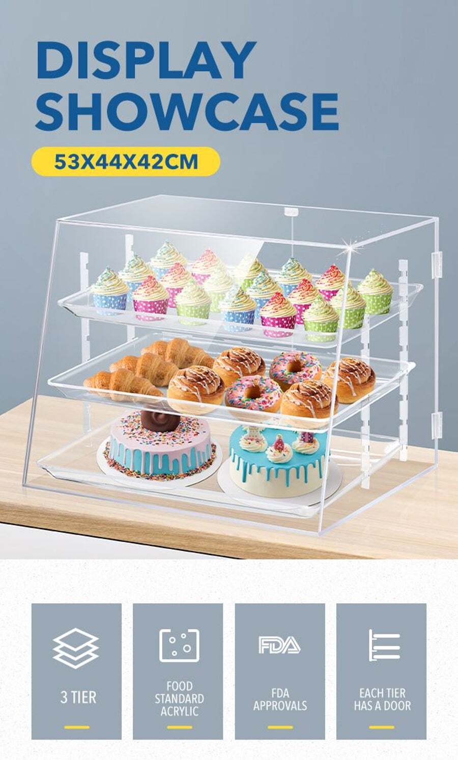 3-Tier Acrylic Bakery Pastry Clear Display Case Dessert Display Shelf with  Door
