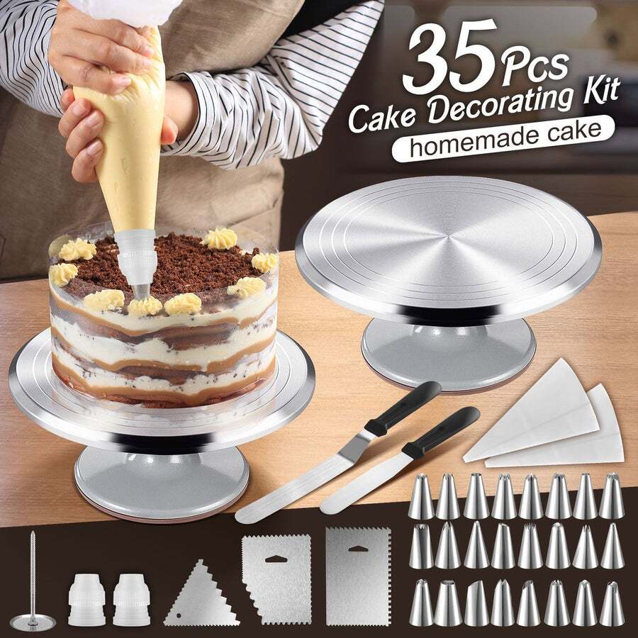 Pastry Tek Round White Plastic Revolving Cake Stand / Turntable - with  Non-Slip Base, Silicone Piping Bag Set - 12 - 1 count box