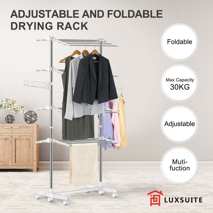  Todeco Foldable Laundry Drying Rack, 4 Tier Stainless Steel  Tubes Clothes Airer, Large Capacity Clothes Drying Rack with 2 Extra  Adjustable Dry Rail Wings and Top Bar : Home & Kitchen