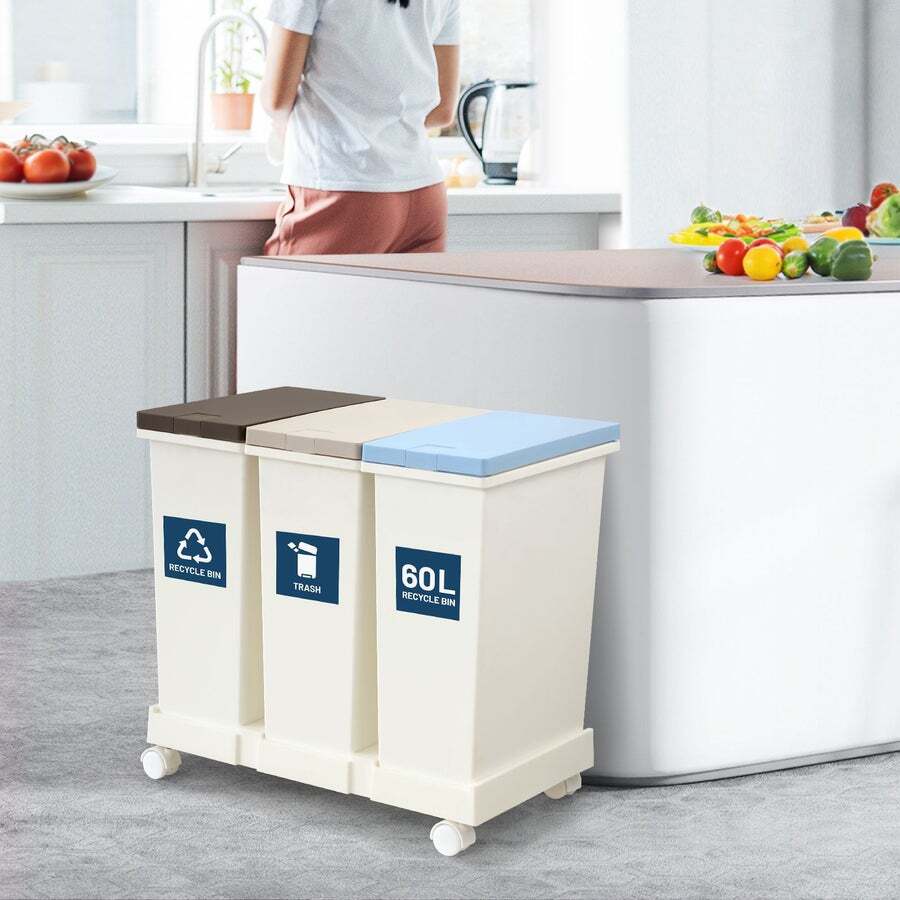 Buy 60L Rubbish Trash Bin 3 Compartment Kitchen Compost Dustbin Trash