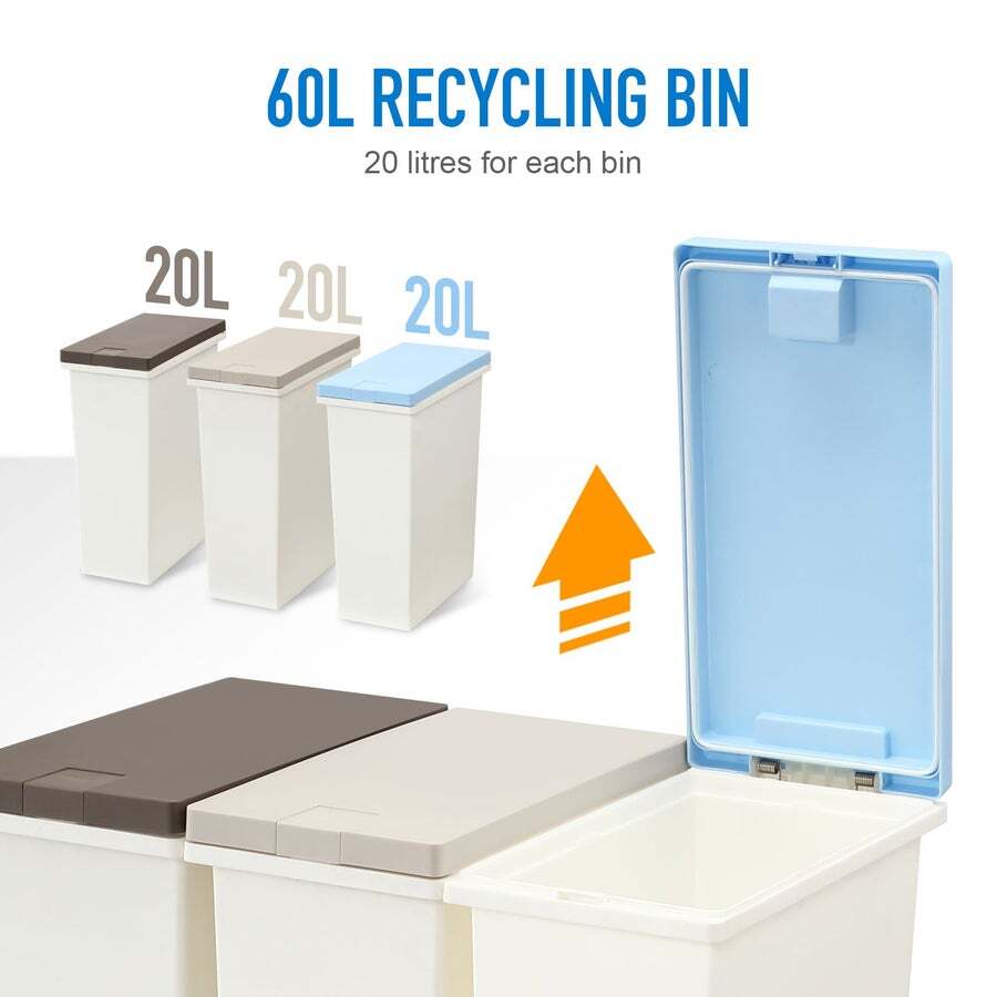 Buy 60L Rubbish Trash Bin 3 Compartment Kitchen Compost Dustbin Trash