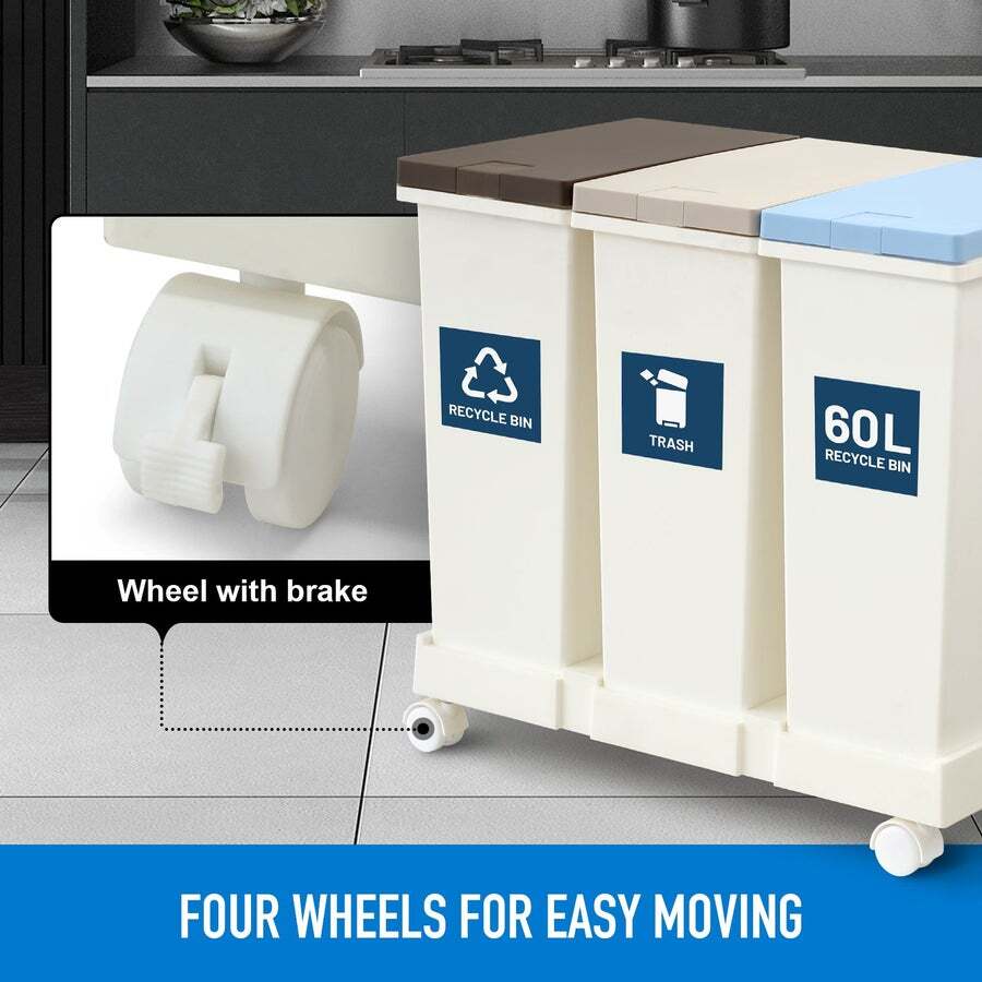Buy 60L Rubbish Trash Bin 3 Compartment Kitchen Compost Dustbin Trash
