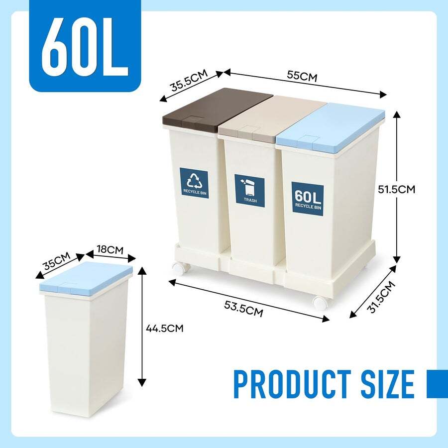 Buy 60L Rubbish Trash Bin 3 Compartment Kitchen Compost Dustbin Trash