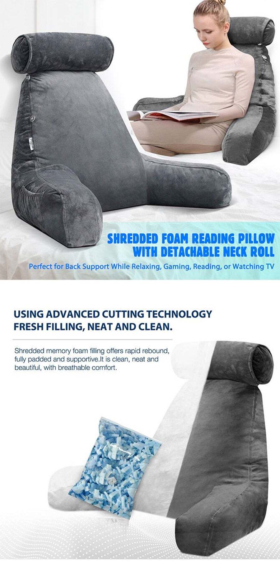 Nestl Double Reading Pillow, Double Back Pillow, Backrest Pillows for Bed  with Arms, Shredded Memory Foam Back Pillows for Sitting in Bed, 2 Neck  Roll