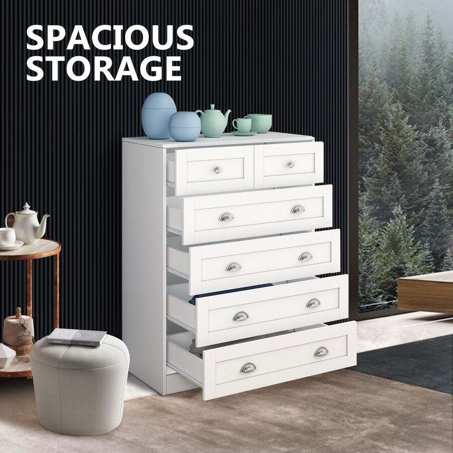Buy Chest of 6 Drawers Dresser White Bedside Bed Side Tallboy Hallway Table Storage
