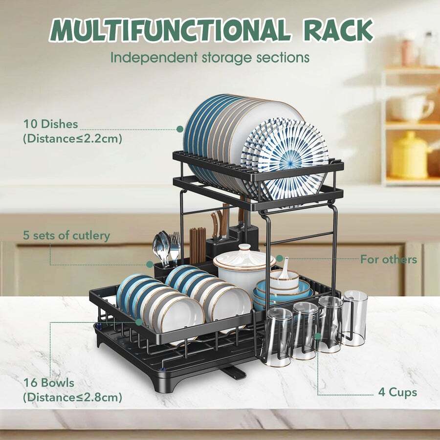 Oture Dish Drying Rack,2 Tier Dish Racks with Tray, Cup Utensil Holder for  Kitchen, Black 
