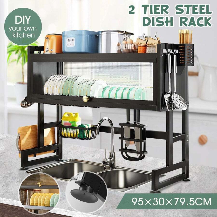 Mega Casa 2 Tier Dish Racks for Kitchen Counter, Adjustable Stainless Steel Dish Drying Rack Set with Utensil Holder, Kitchen Dishes Organizers Black