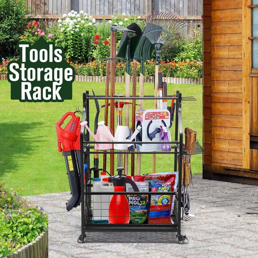 Garden Tool Storage Rack Utility Long Handle Yard Tools Organizer Holder+Wheels
