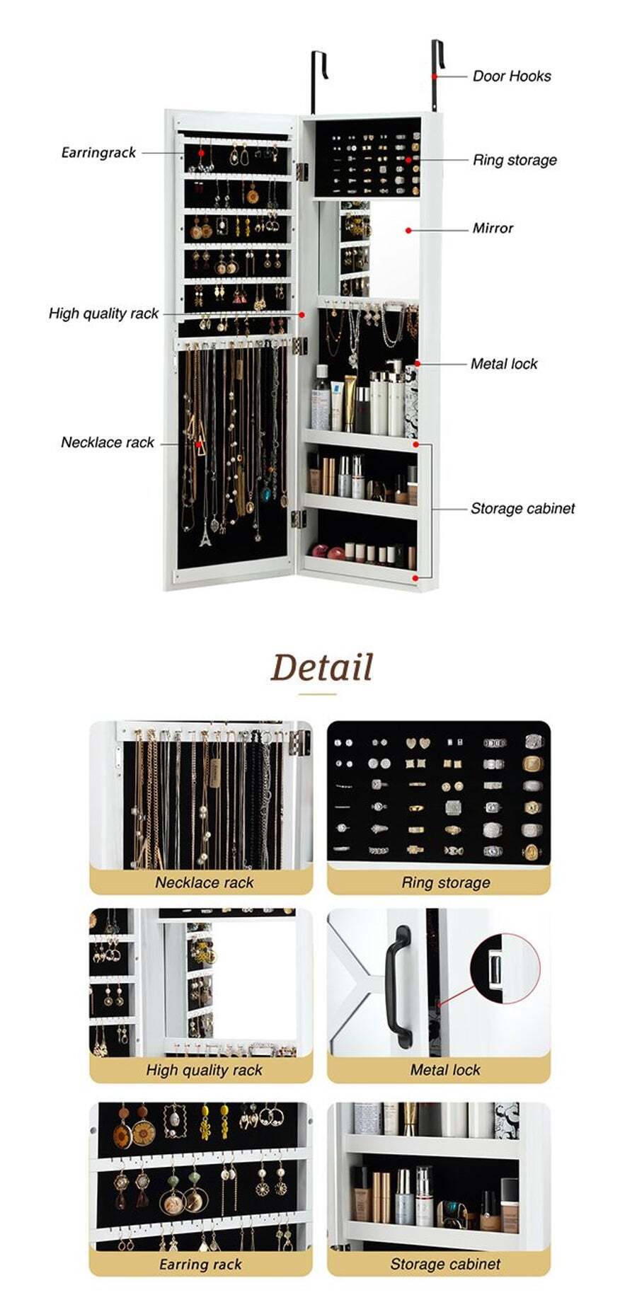 Buy Mirror Jewellery Cabinet Door Wall Mounted Makeup Storage Cosmetic  Organiser Wooden White - MyDeal