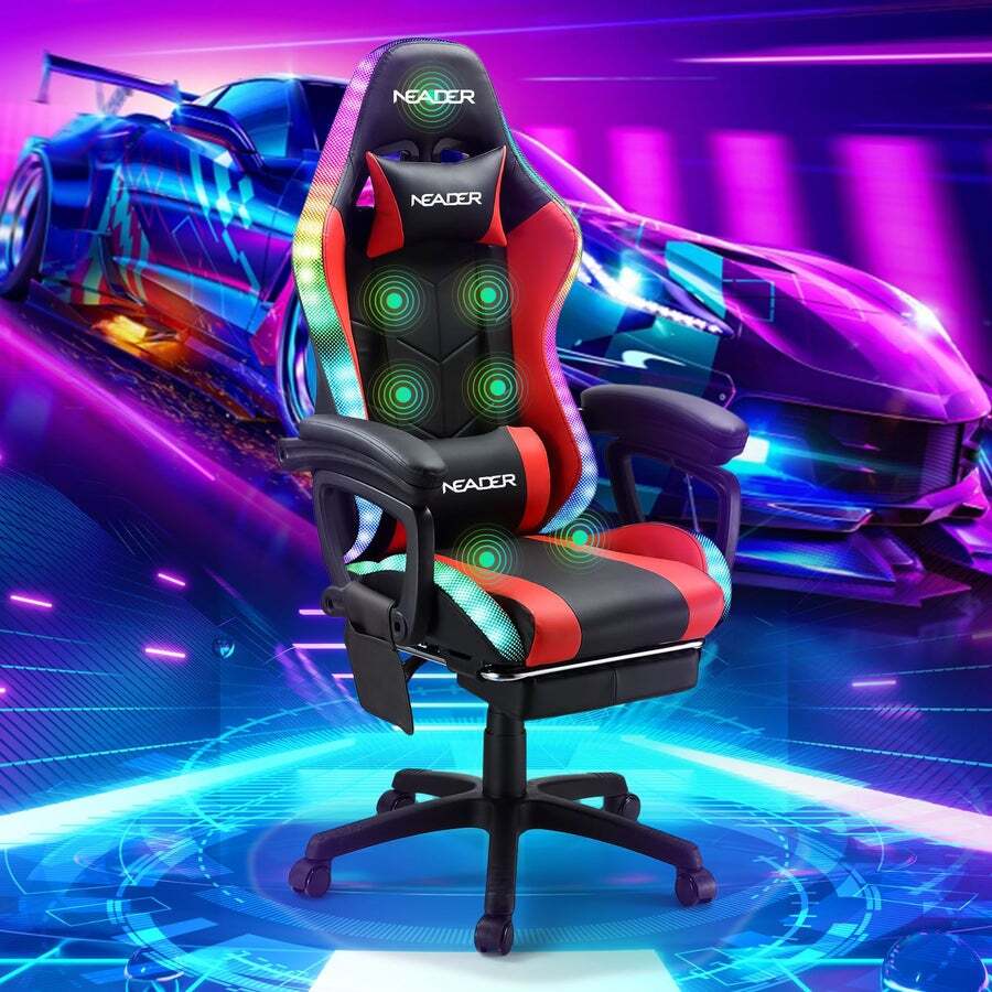 Massage led gaming chair with lumbar support best sale & footrest