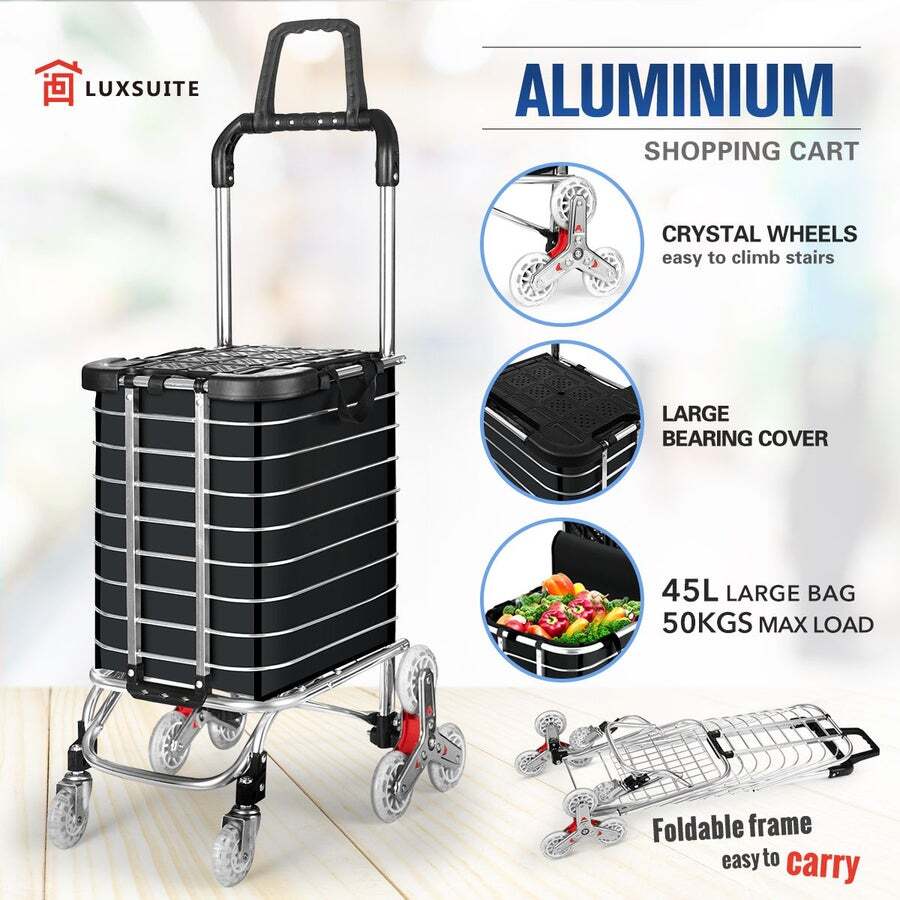 Buy Shopping Cart Trolley Trolly Wheeled Bag Grocery Storage Foldable  Market Utility Granny Stair Climbing Wheels Aluminium 50kg - MyDeal