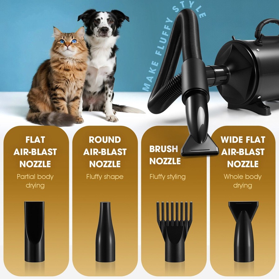 Dog Cat Hair Dryer Pet Grooming Kit Blow Hairdryer Blower Heater Air Blaster 2200W Low Noise Adjustable Speed Temperature Negative Ion Wind 4 Nozzles