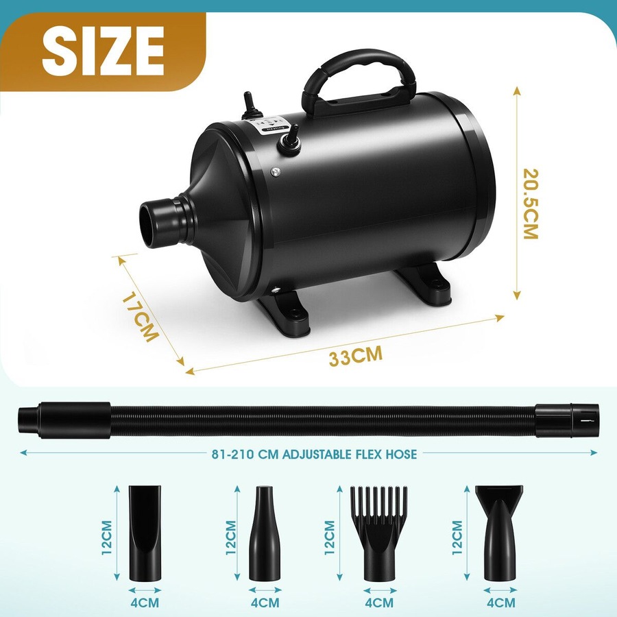 Dog Cat Hair Dryer Pet Grooming Kit Blow Hairdryer Blower Heater Air Blaster 2200W Low Noise Adjustable Speed Temperature Negative Ion Wind 4 Nozzles