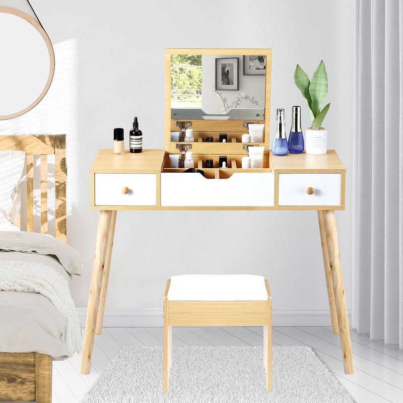 Buy Dressing Table Stool Combo w/ Flip Top Mirror Hidden Storage MyDeal