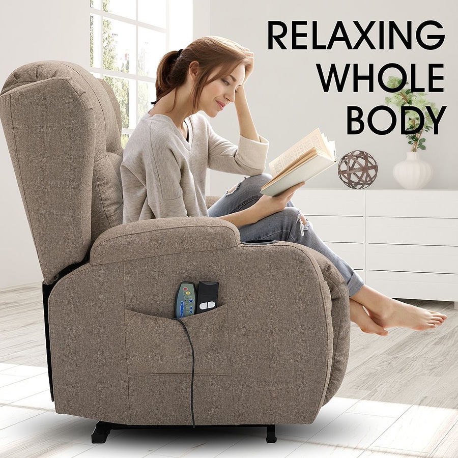 Electric Massage Chair Linen Fabric Recliner Sofa Lift Motor Armchair 8 Point Heating Seat
