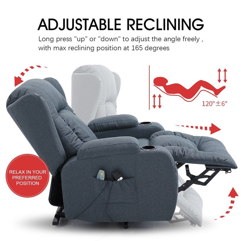 Electric Massage Chair Recliner Linen Fabric Sofa Lift Motor Armchair 8 Point Heating Blue Buy