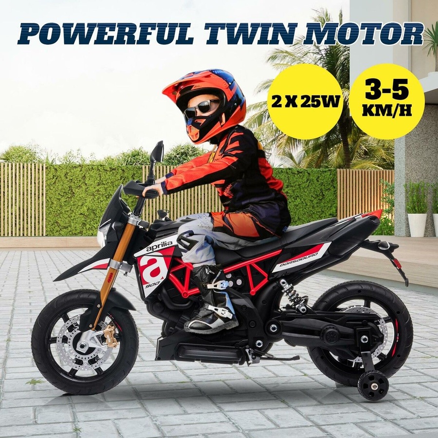 Electric Motorbike Ride On Car Toy Off Road Vehicle Motorcycle Dirt Bike Bicycle Licensed 12V Powered Training Wheels LED Music Aprilia Dorsoduro 900