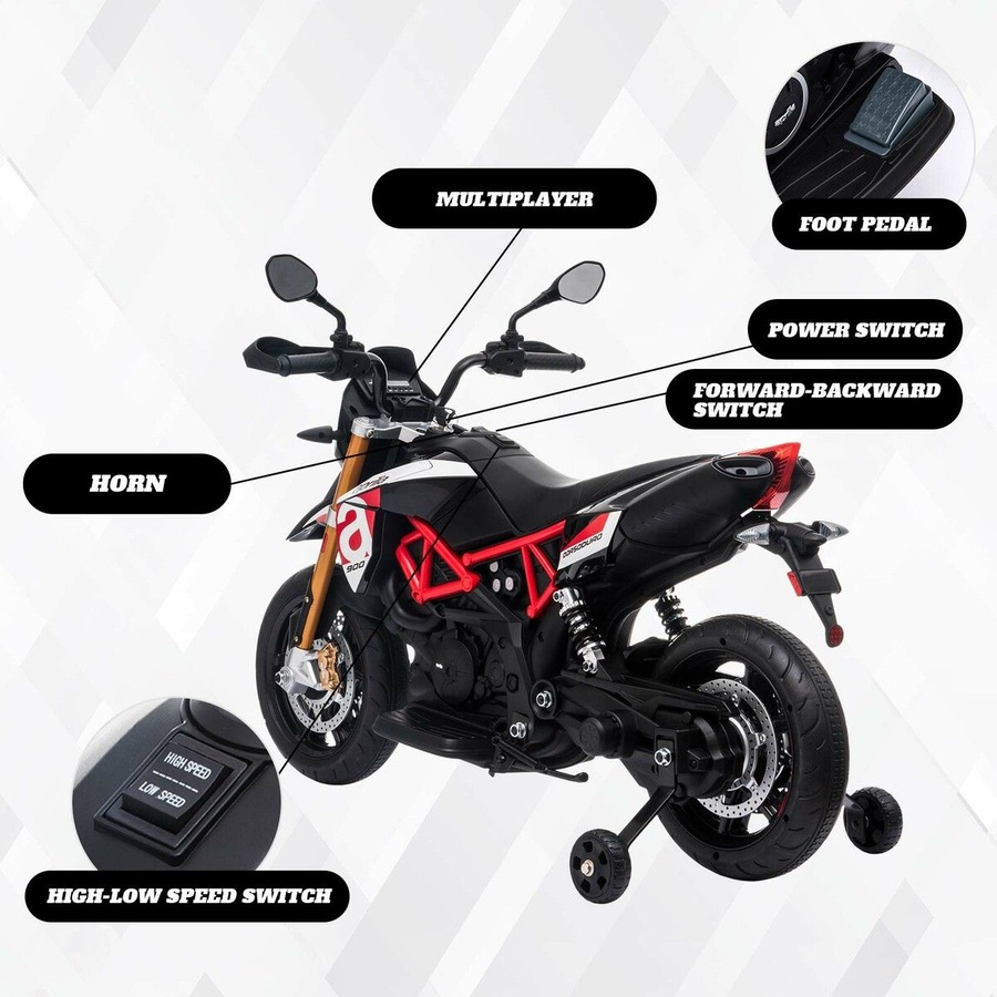 Electric Motorbike Ride On Car Toy Off Road Vehicle Motorcycle Dirt Bike Bicycle Licensed 12V Powered Training Wheels LED Music Aprilia Dorsoduro 900