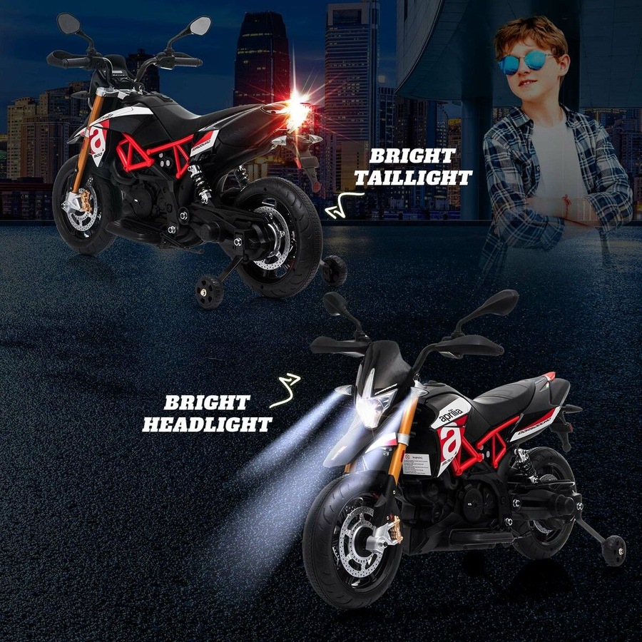 Electric Motorbike Ride On Car Toy Off Road Vehicle Motorcycle Dirt Bike Bicycle Licensed 12V Powered Training Wheels LED Music Aprilia Dorsoduro 900