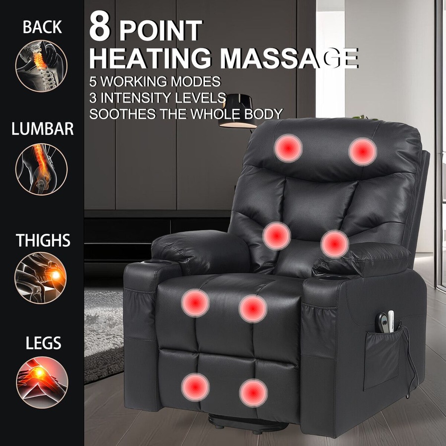 Electric Recliner Chair Lift Massage 8 Point Heated Massaging Lounge Sofa Leather Armchair Power Riser Assist Senior Elderly Aged Care Single Black