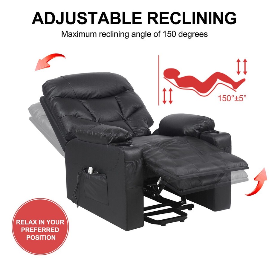 Electric Recliner Chair Lift Massage 8 Point Heated Massaging Lounge Sofa Leather Armchair Power Riser Assist Senior Elderly Aged Care Single Black