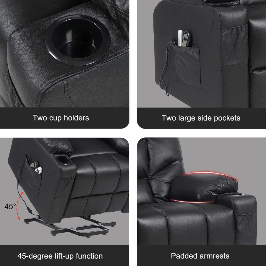 Electric Recliner Chair Lift Massage 8 Point Heated Massaging Lounge Sofa Leather Armchair Power Riser Assist Senior Elderly Aged Care Single Black
